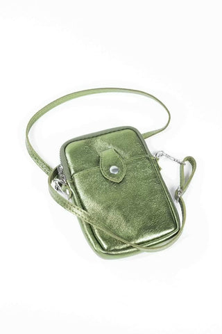 Metallic cross body phone bag, khaki