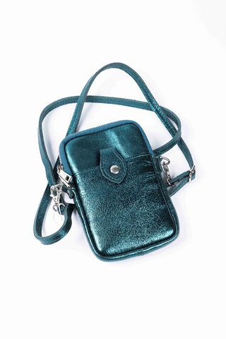 Metallic cross body phone bag, emerald