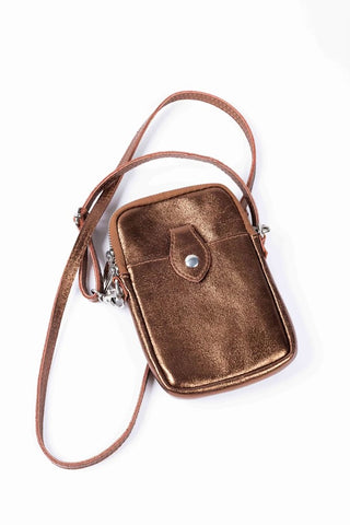 Metallic phone cross body bag, bronze