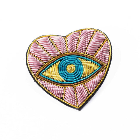 Embroidered patch as a brooch, pink evil eye