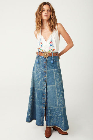 Road Trip denim maxi skirt, Bandana